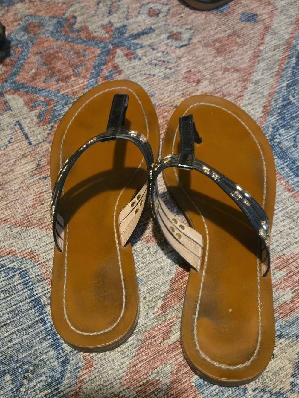 Black Patent T-Strap Women's Sandals with Stud Accents